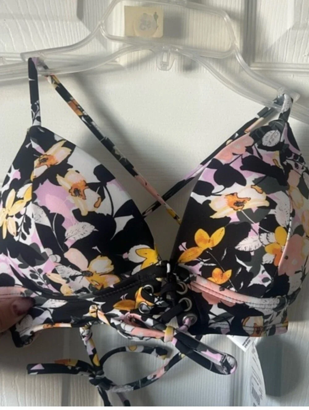 Floral V-Neck Crop Swim Top in Black and Yellow - Women Tops - Decree - 0X
